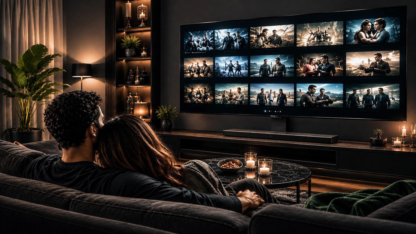 Couple regardant un service IPTV sur une télévision 4K