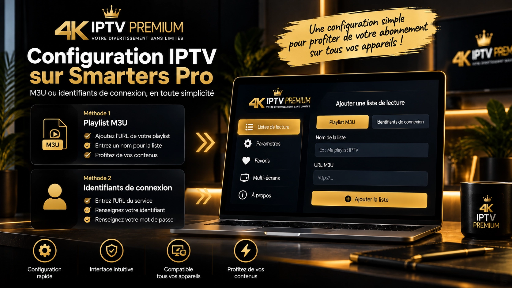 Configuration IPTV avec playlist M3U ou identifiants de connexion